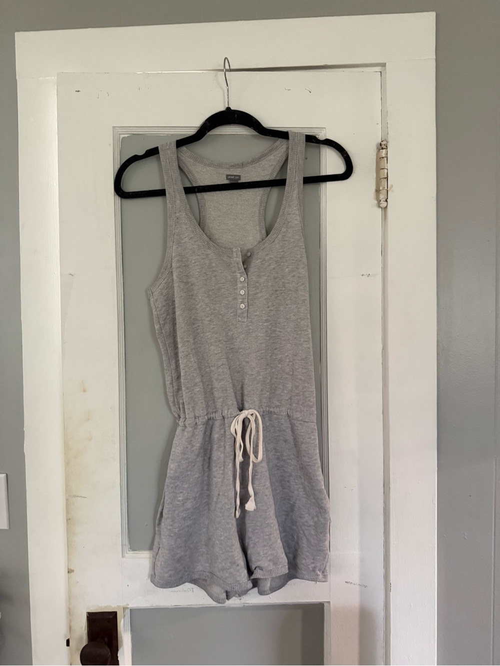 aerie Gray Sleeveless Henley Romper with Drawstring